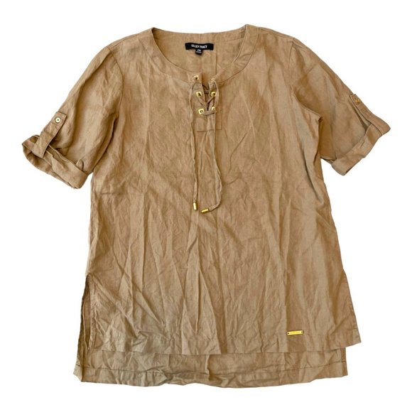 Ellen Tracy Dark Beige/Brown 100% Linen Roll Tab Blouse Shirt Tunic Tan Size PS - Picture 3 of 10